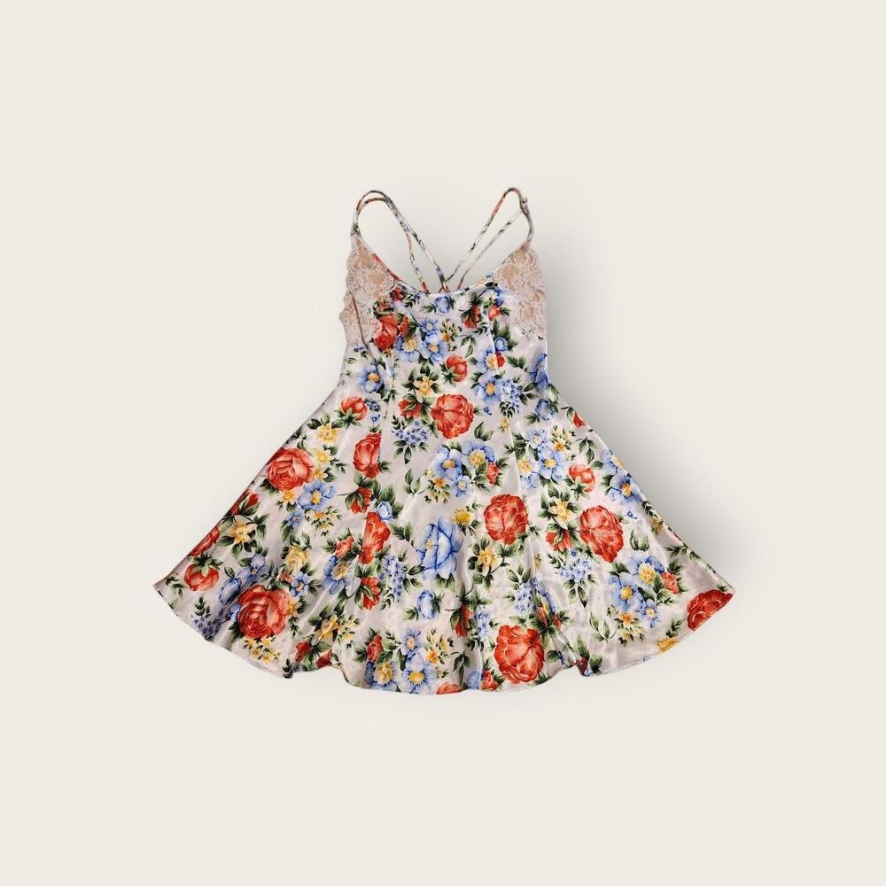 VTG Y2k Victoria's Secret floral lace trim cross back micro mini slip dress